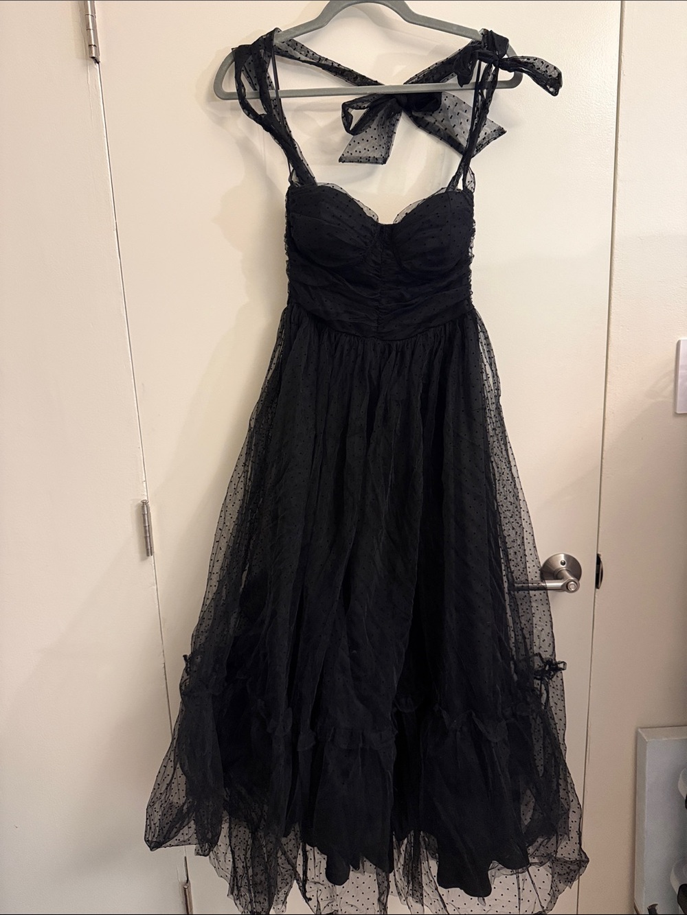 NWT Mabel Black Polka-Dot Tulle Midi Dress with Bow Straps